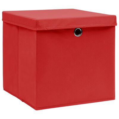 vidaXL Úložné boxy s vekom 4 ks, červené 32x32x32 cm, látka