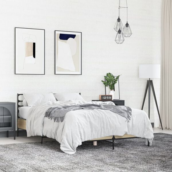 vidaXL Posteľn&yacute; r&aacute;m dub sonoma 135x190 cm kompozitn&eacute; drevo a kov