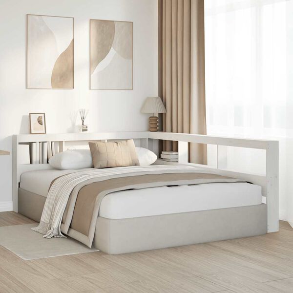 VidaXL Knižnica čelo v tvare L biele 140 cm mas&iacute;vna borovica