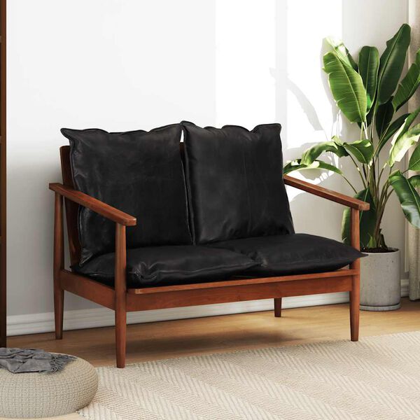 vidaXL 2-miestna pohovka čierna pravá koža a masívna akácia