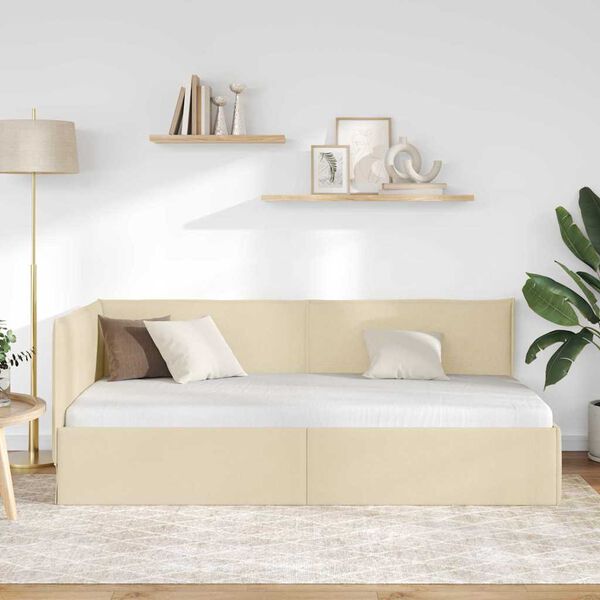 vidaXL Rohový rám postele s čelnou doskou Krémová 90 x 200 cm látka