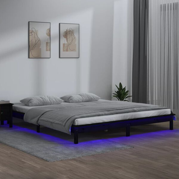 vidaXL Posteľný rám LED čierny 135x190 cm dvojlôžko masívne drevo