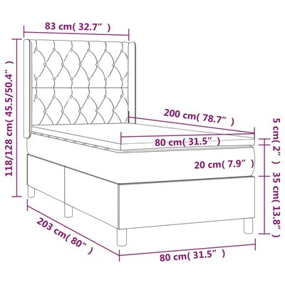 vidaXL Posteľ boxsping s matracom a LED tmavosivá 80x200 cm látka