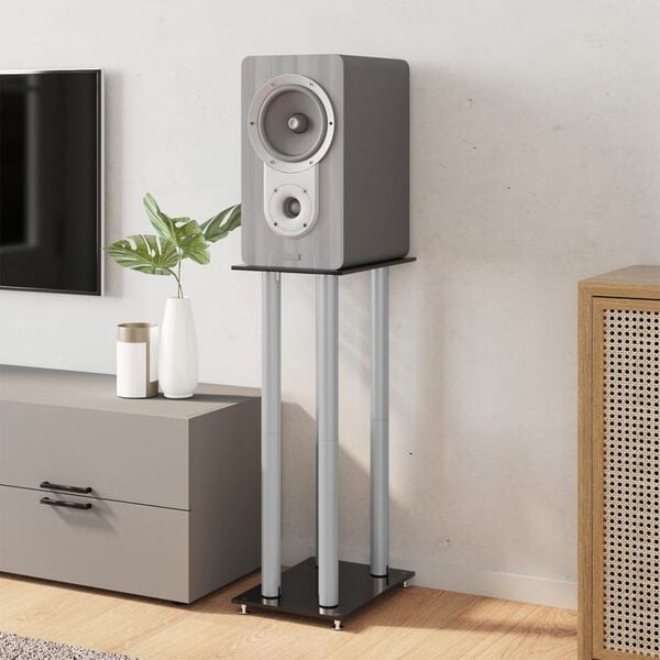 vidaXL Stojany na reproduktory čierno-strieborn&eacute; 2 ks sklo 4-stĺpov&eacute;