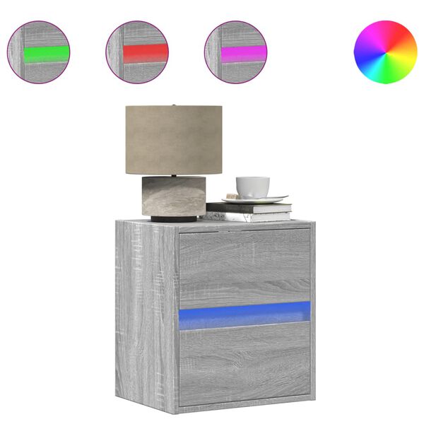vidaXL Nástenná nočná skrinka s LED osvetlením sivá sonoma