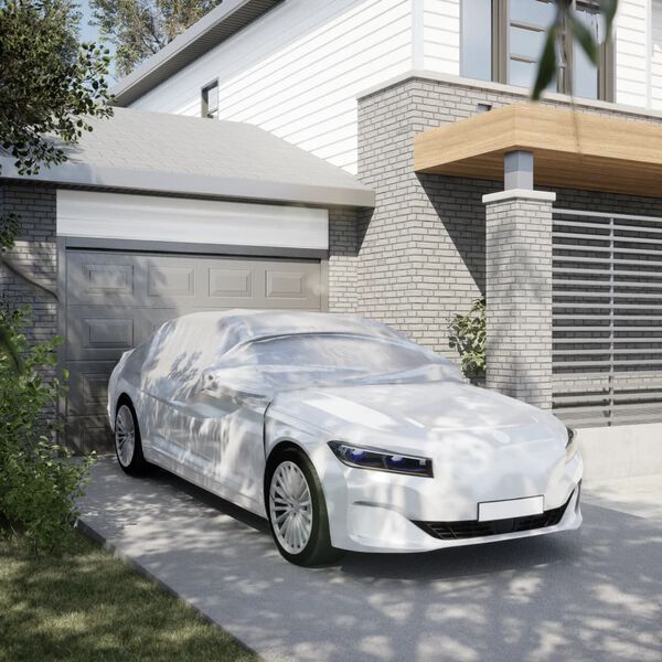 vidaXL Polovičn&aacute; plachta na auto s h&aacute;čikmi strieborn&aacute; XL PEVA