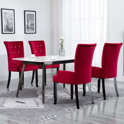 vidaXL Jedálenské stoličky s opierkami 4 ks červené zamatové