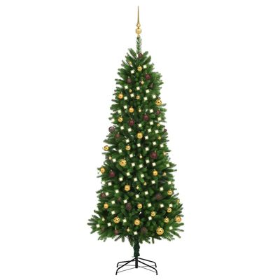 vidaXL Osvetlený umelý vianočný stromček s guľami 240 cm, zelený