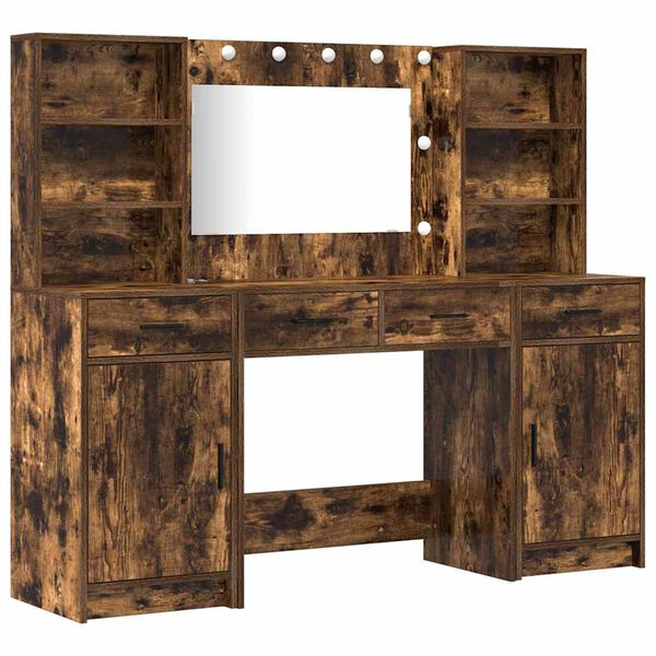 vidaXL S&uacute;prava toaletn&eacute;ho stol&iacute;ka s LED so z&aacute;suvkou 3 pcs Dymov&aacute; dub