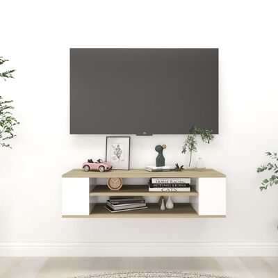 vidaXL Závesná TV skrinka, biela+sonoma 100x30x26,5cm kompozitné drevo