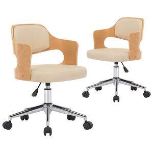 vidaXL Otočn&eacute; jed&aacute;lensk&eacute; stoličky 2ks,kr&eacute;mov&eacute;,oh&yacute;ban&eacute; drevo+umel&aacute; koža