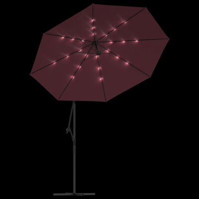 vidaXL Závesný slnečník s LED svetlami a oceľovou tyčou vínovočervený