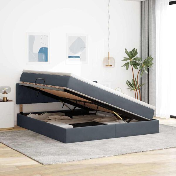 vidaXL Postel s &uacute;ložn&yacute;m prostorem a LED svetlom s LED Tmavo &scaron;ed&aacute; Zamat