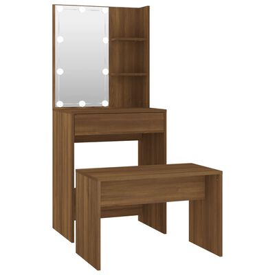 vidaXL Sada toaletného stolíka s LED hnedý dub spracované drevo