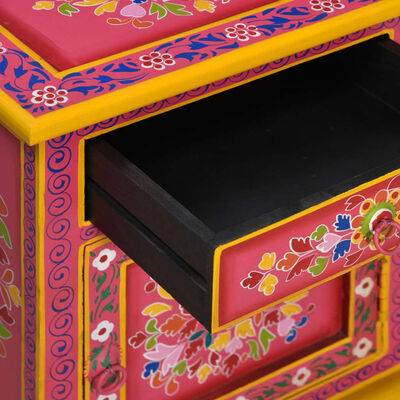 vidaXL Nočný stolík, masívne mangovníkové drevo, ružový, ručne maľovaný