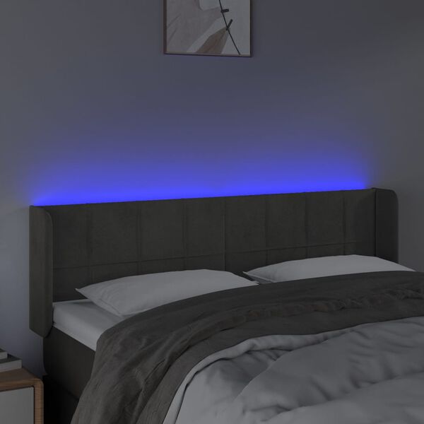 vidaXL Čelo postele s LED tmavosiv&eacute; 147x16x78/88 cm zamat