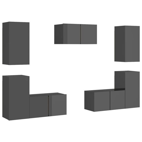 vidaXL 7-dielna s&uacute;prava TV skriniek leskl&aacute; siv&aacute; drevotrieska