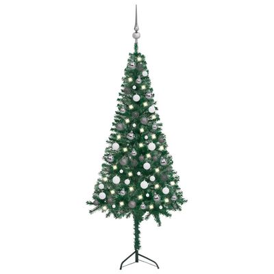 vidaXL Rohový umelý vianočný stromček s LED a guľami zelený 150 cm PVC