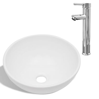 vidaXL Kúpeľňové umývadlo s pákovým kohútikom keramické okrúhle biele