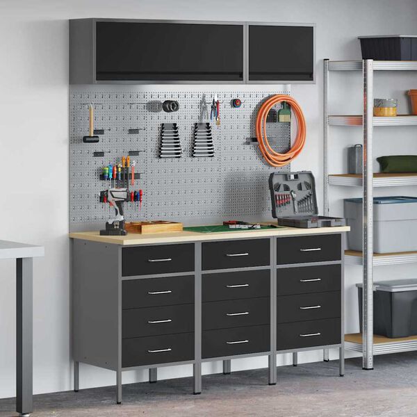 vidaXL Sada pracovn&yacute;ch skr&iacute;ň so z&aacute;suvkou s &uacute;ložiskom 8 pcs Čierna