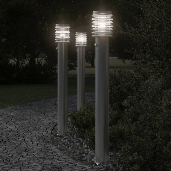 vidaXL Vonkajšia stojaca lampa senzor strieborná 110 cm nehrdzav. oceľ