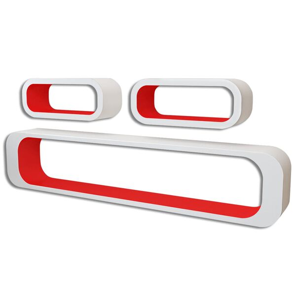 3 bielo červen&eacute; n&aacute;stenn&eacute; police v tvare kocky na knihy/DVD, MDF