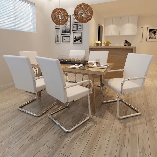 vidaXL Jed&aacute;lensk&eacute; stoličky, perov&aacute; kostra 6 ks, biele, umel&aacute; koža