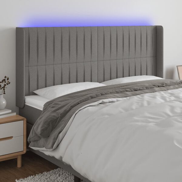 vidaXL Čelo postele s LED tmavosiv&eacute; 163x16x118/128 cm l&aacute;tka