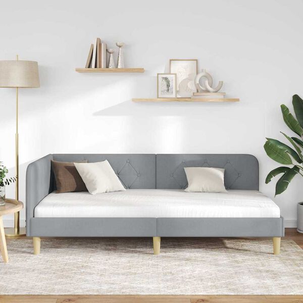 vidaXL Rohový rám postele s čelnou doskou Svetlosivá 90 x 190 cm látka