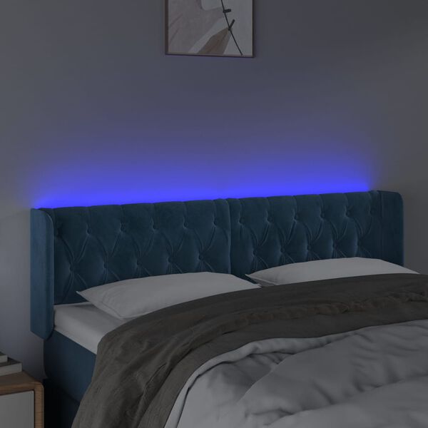 vidaXL Čelo postele s LED tmavomodr&eacute; 147x16x78/88 cm zamat
