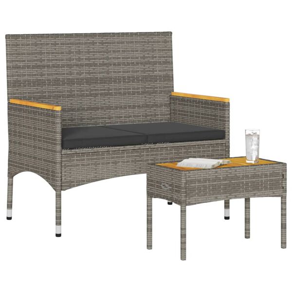 vidaXL 2-miestna záhradná lavica s vankúšmi a stolom sivá polyratan
