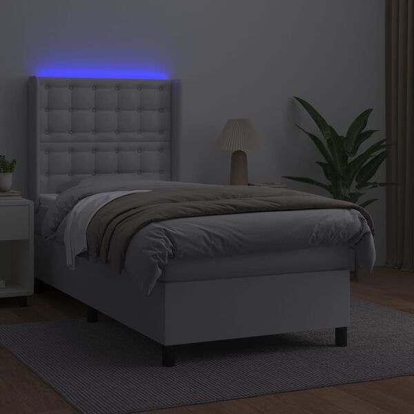 vidaXL Boxspring posteľ s matracom a LED biela 100x200 cm umelá koža