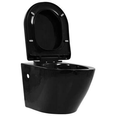 vidaXL Nástenné bezokrajové WC čierne keramické
