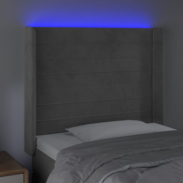 vidaXL Čelo postele s LED bledosiv&eacute; 93x16x118/128 cm zamat