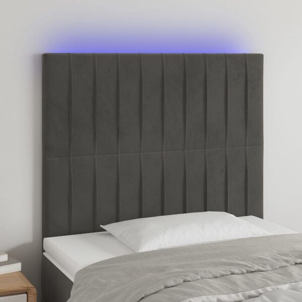 vidaXL Čelo postele s LED tmavosiv&eacute; 100x5x118/128 cm zamat
