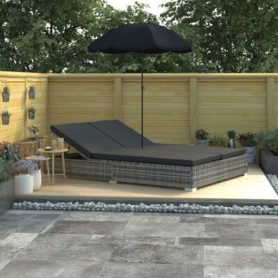 vidaXL Záhradná posteľ so slnečníkom, polyratan, sivá