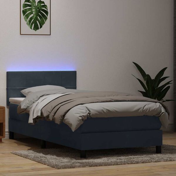 vidaXL Posteľn&yacute; r&aacute;m boxspring s matracom a LED tmavosiv&yacute; 90x210 cm zamat