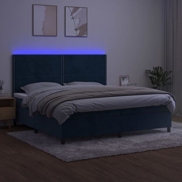 vidaXL Posteľn&yacute; r&aacute;m boxsping matrac a LED tmavomodr&yacute; 200x200 cm zamat