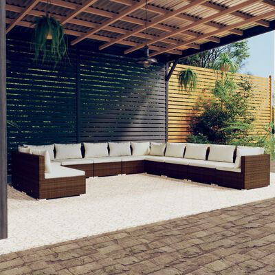 vidaXL 11-dielna záhradná sedacia súprava s vankúšmi polyratan hnedá