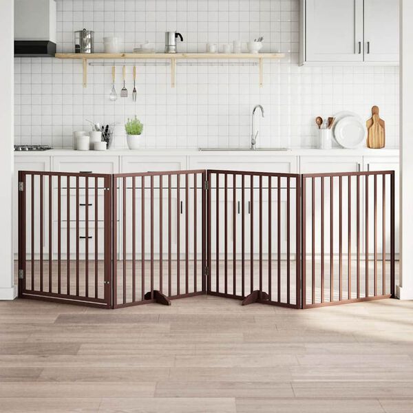 vidaXL Psia br&aacute;na s dvierkami, skladacia, 4 panely, hned&aacute;, 320 cm, topoľov&eacute; drevo