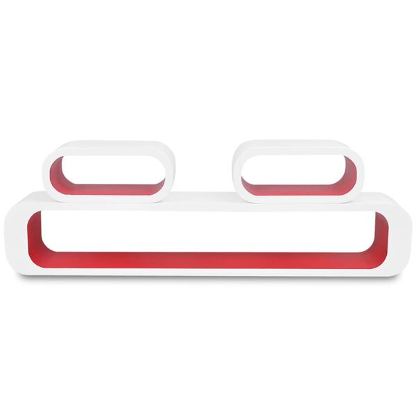 3 bielo červen&eacute; n&aacute;stenn&eacute; police v tvare kocky na knihy/DVD, MDF