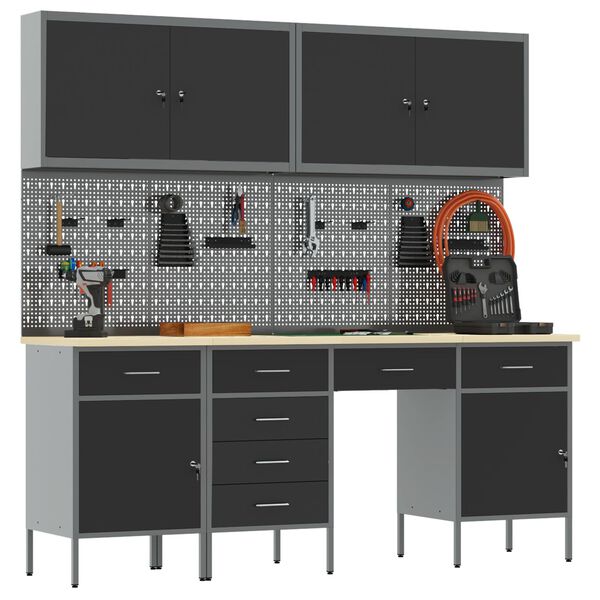 vidaXL Pracovn&yacute; st&ocirc;l so z&aacute;suvkou 10 pcs Čierna 200 x 55 x 200 cm Oceľ