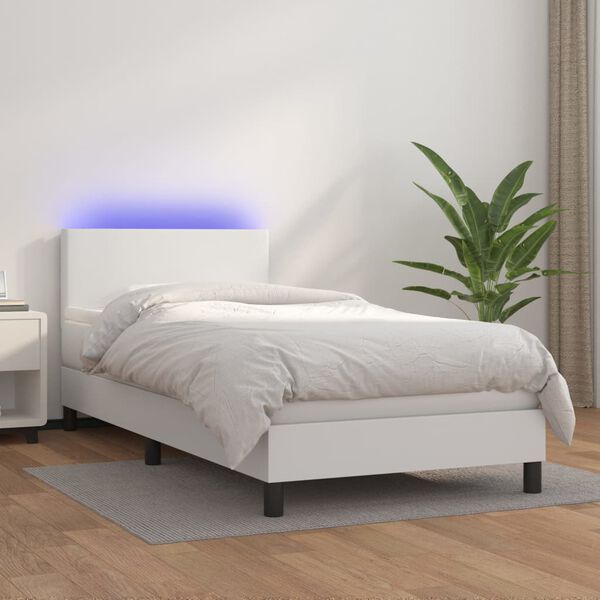 vidaXL Boxspring posteľ s matracom a LED biela 90x200 cm umel&aacute; koža
