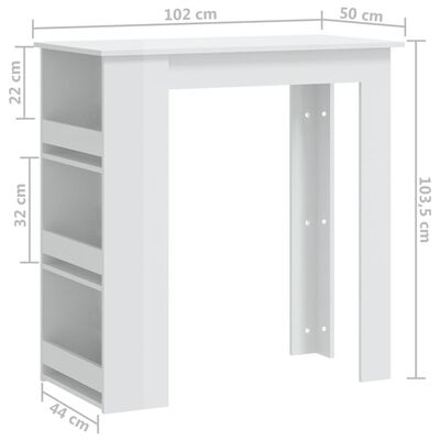 vidaXL Barový stôl s úložným regálom vysoký lesk biely 102x50x103,5 cm