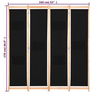 vidaXL 4-panelový paraván čierny 160x170x4 cm látkový