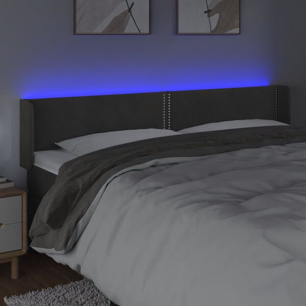 vidaXL Čelo postele s LED tmavosiv&eacute; 163x16x78/88 cm zamat