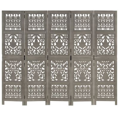 vidaXL Ručne vyrezávaný 5-panelový paraván sivý 200x165 cm mangovníkový masív