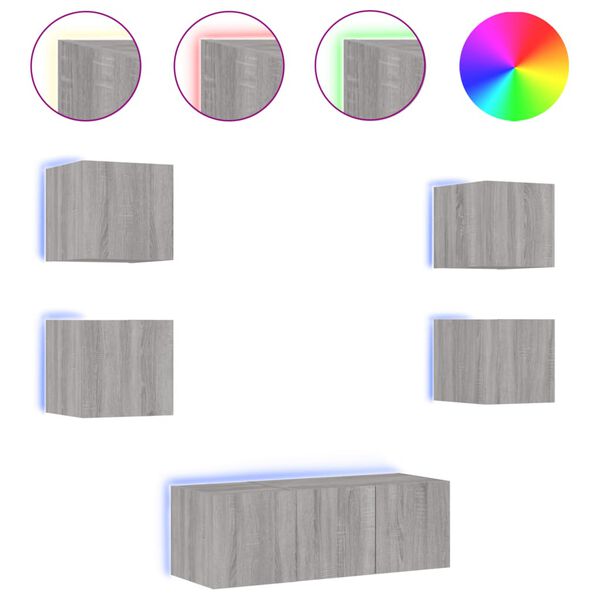 vidaXL 6-dielne TV n&aacute;stenn&eacute; skrinky s LED siv&eacute; sonoma kompozitn&eacute; drevo
