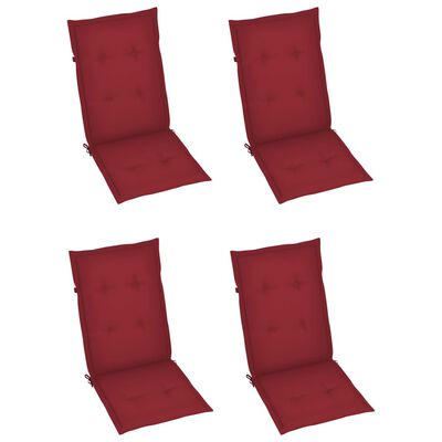 vidaXL Záhradné stoličky 4 ks, vínovo červené podložky, tíkový masív