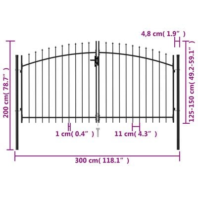vidaXL Dvojkrídlová plotová brána s hrotmi, oceľ 3x1,5 m, čierna